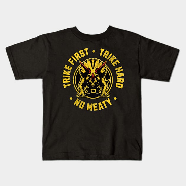 Funny Dinosaur - Trike First Trike Hard No Meaty Karate Gi Logo Kids T-Shirt by Shirt for Brains